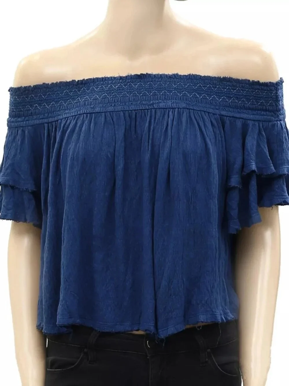 Free People Blue Santorini Off The Shoulder Blouse Top Ruffle Smocked S 290322